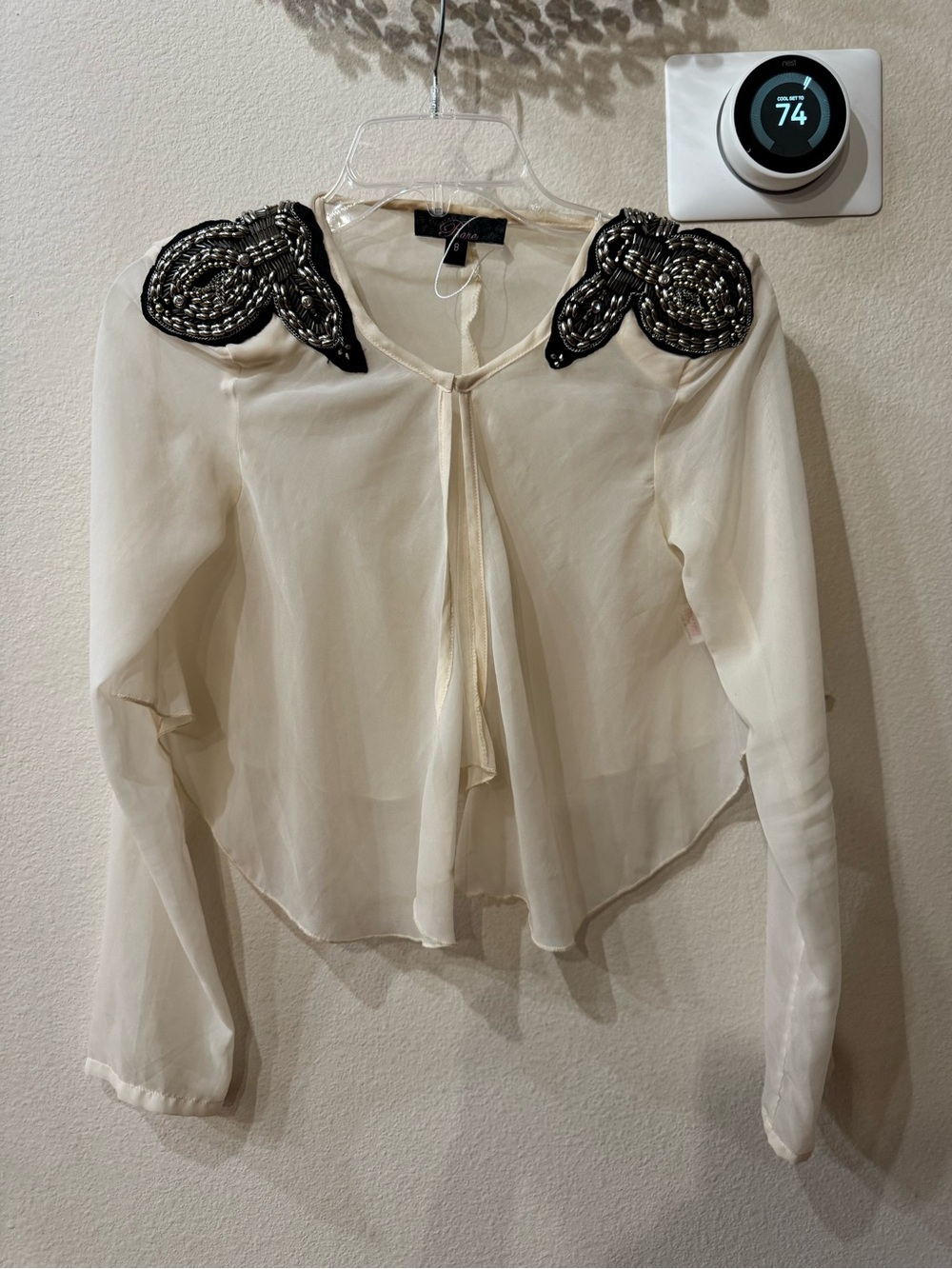 Rare Ivory Silk Chiffon Tie-Neck Embellished Collar Sheer Open Front Top Size